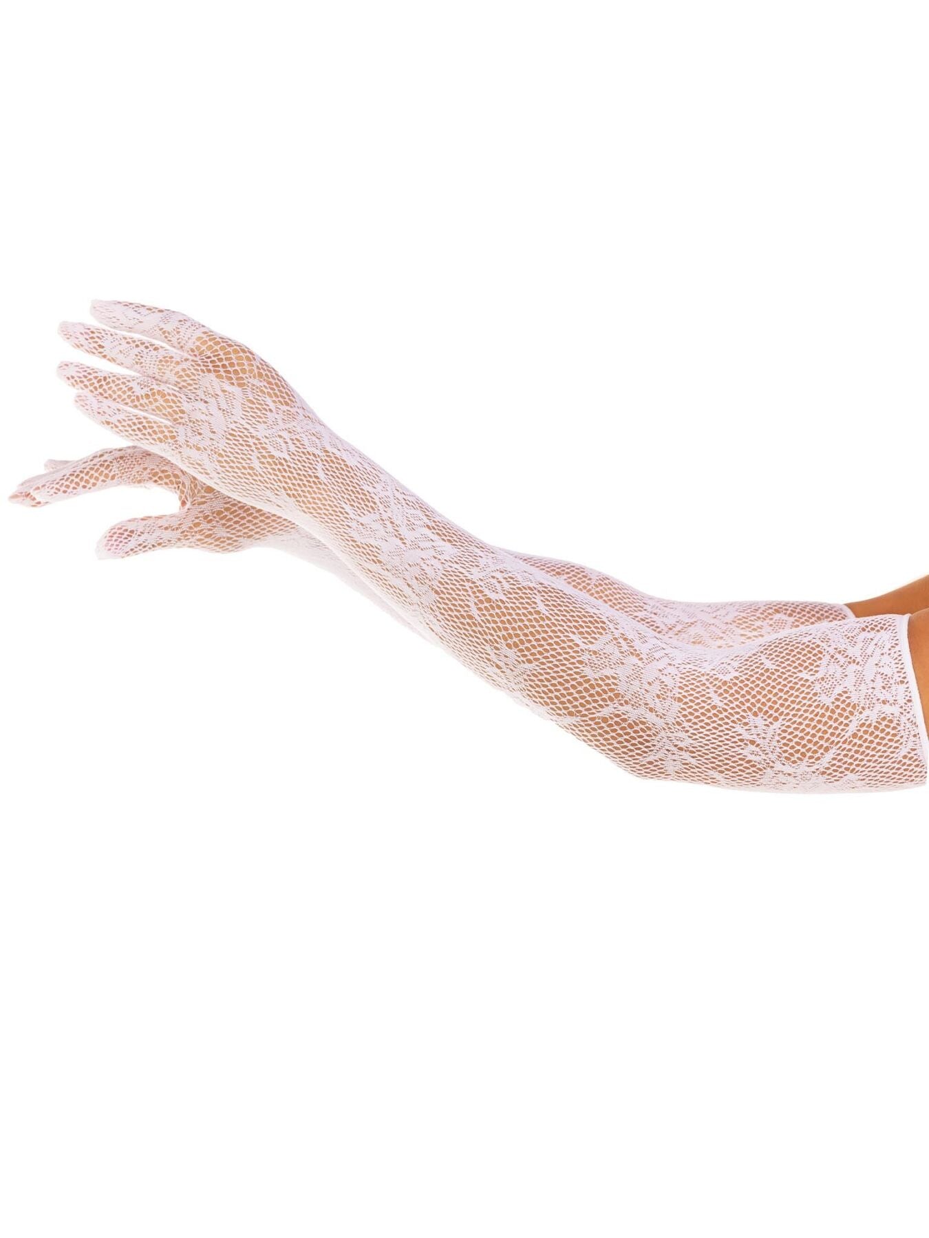 Leg Avenue (США) Рукавички Leg Avenue Lace Opera Length Gloves, One Size, білі, вище ліктя, сітка з квітковим візерунком