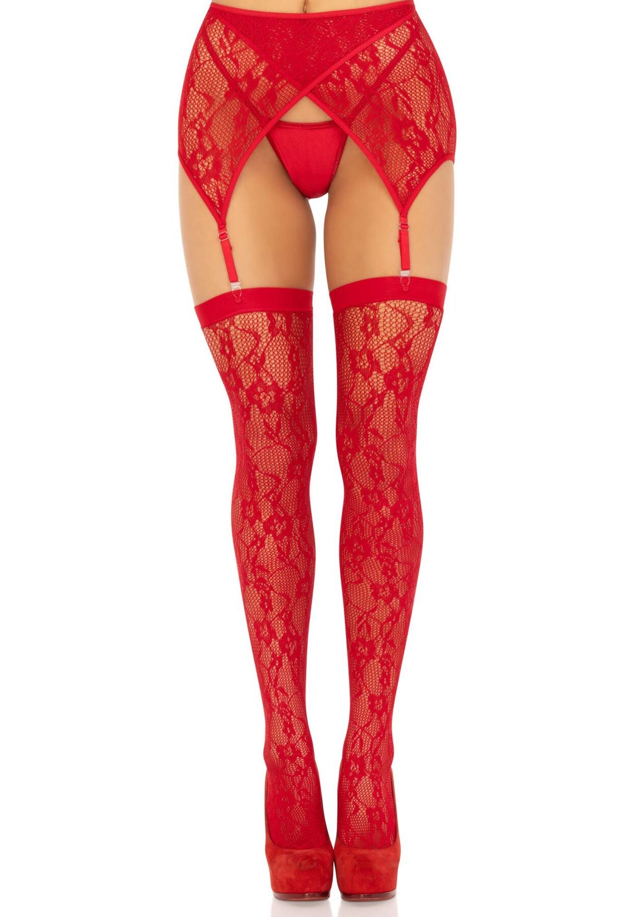 Leg Avenue (США) Комплект Leg Avenue Lace thigh highs & garterbelt, One Size, червоний, панчохи та пояс з пажами