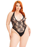 Leg Avenue (США) Тедді Leg Avenue Floral lace deep-V teddy, 1X/2X, чорне, мереживне, відкрита спина, високі трусики