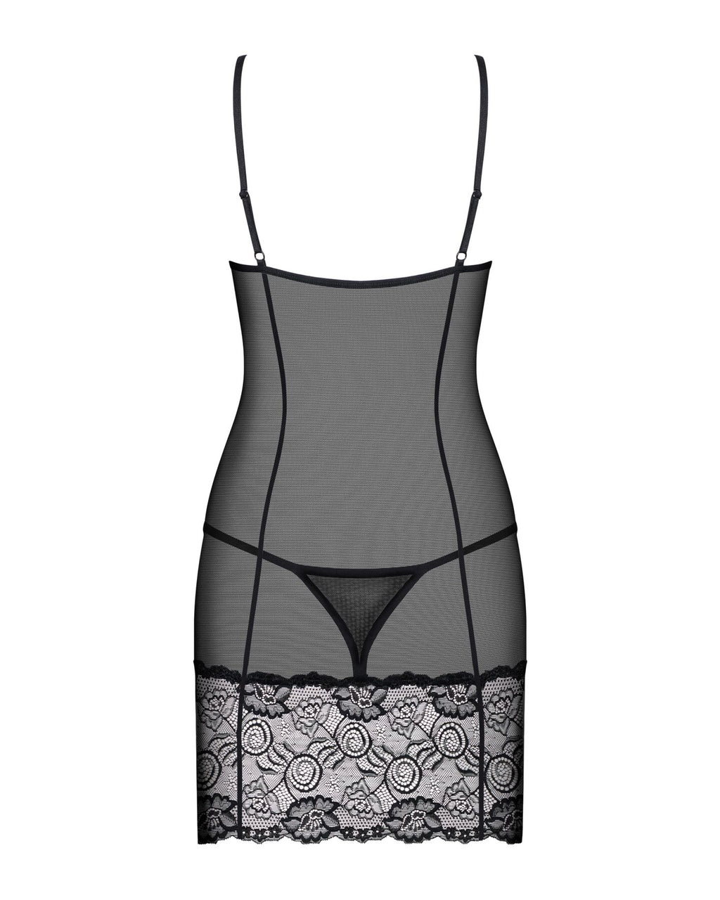 Obsessive (Польща) Сорочка Obsessive Alluria chemise & thong, S/M, чорна, мереживо+мікросітка, стрінги в комплекті