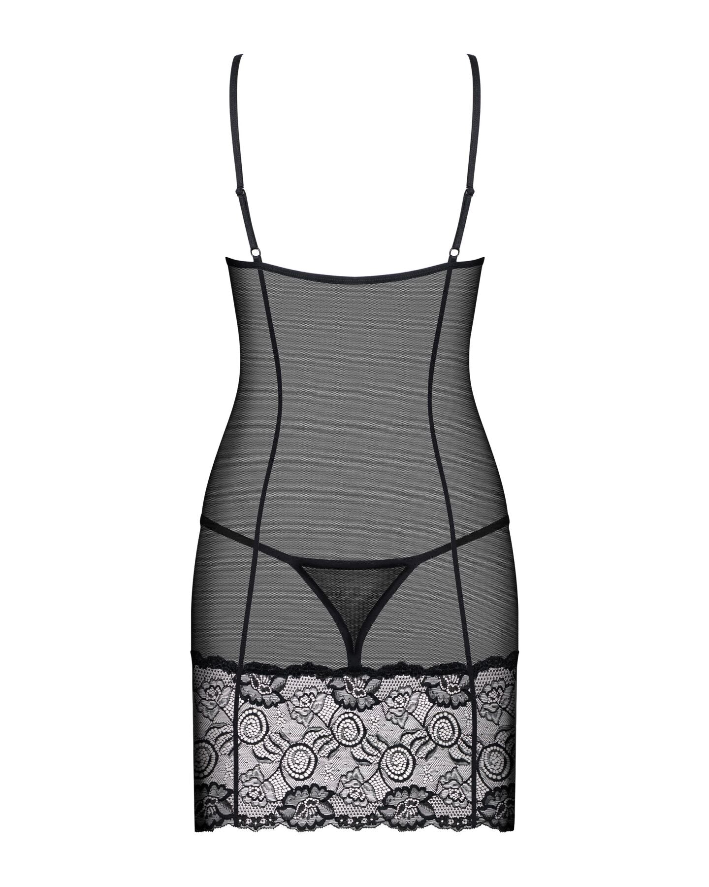 Obsessive (Польща) Сорочка Obsessive Alluria chemise & thong, S/M, чорна, мереживо+мікросітка, стрінги в комплекті