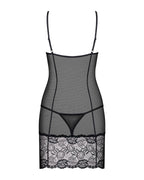 Сорочка Obsessive Alluria chemise & thong, S/M, чорна, мереживо+мікросітка, стрі