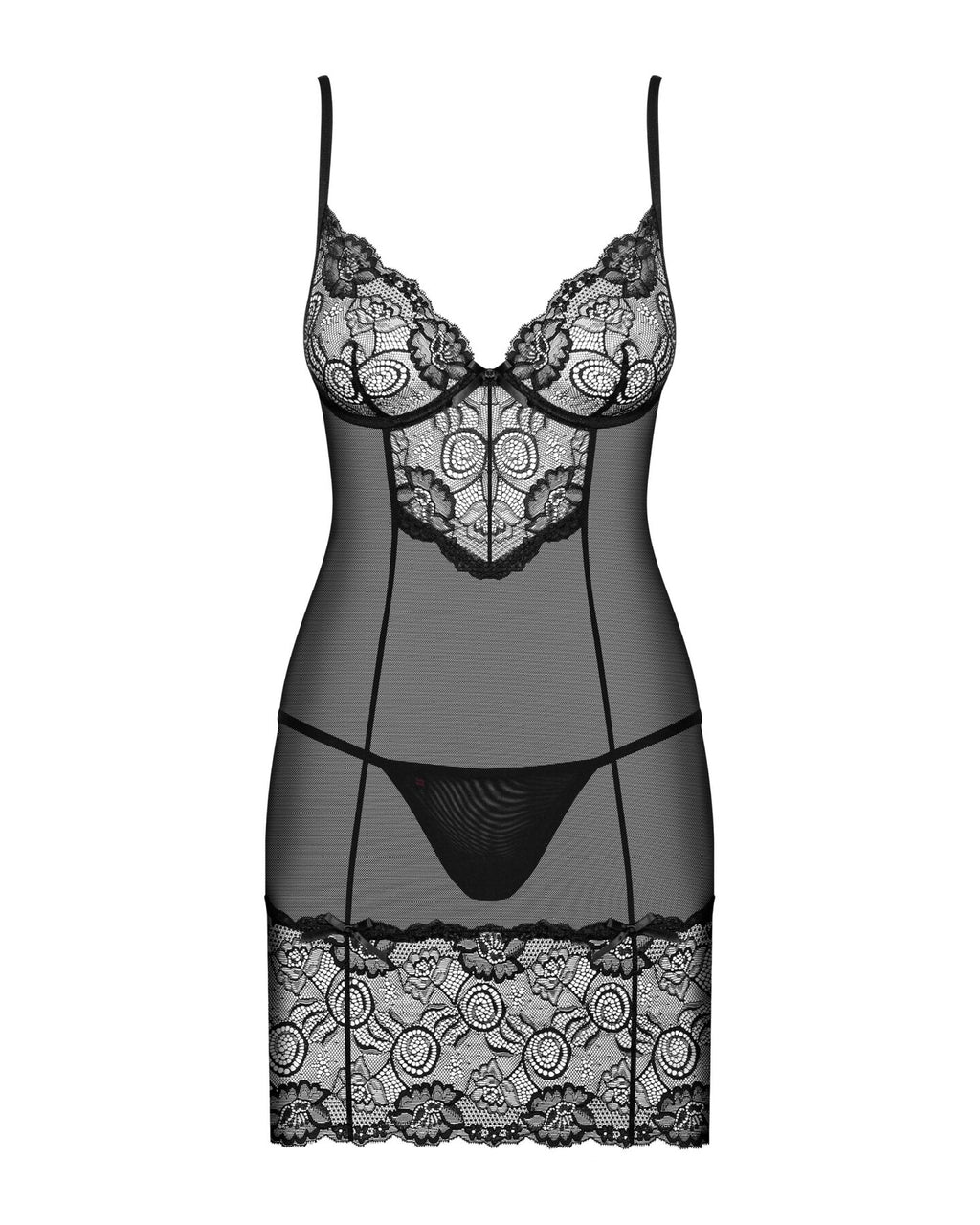 Obsessive (Польща) Сорочка Obsessive Alluria chemise & thong, L/XL, чорна, мереживо+мікросітка, стрінги в комплекті