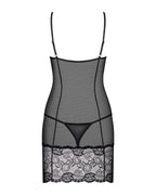 Сорочка Obsessive Alluria chemise & thong, чорна, мереживо+мікросітка, стрінги в комплекті