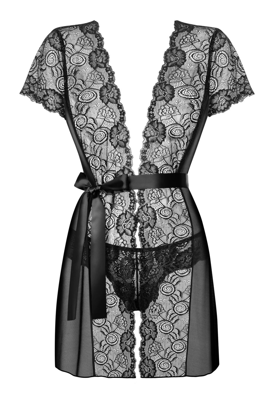 Obsessive (Польща) Пеньюар Obsessive Alluria peignoir & thong, S/M, прозорий, з мереживом, пояс, трусики в комплекті