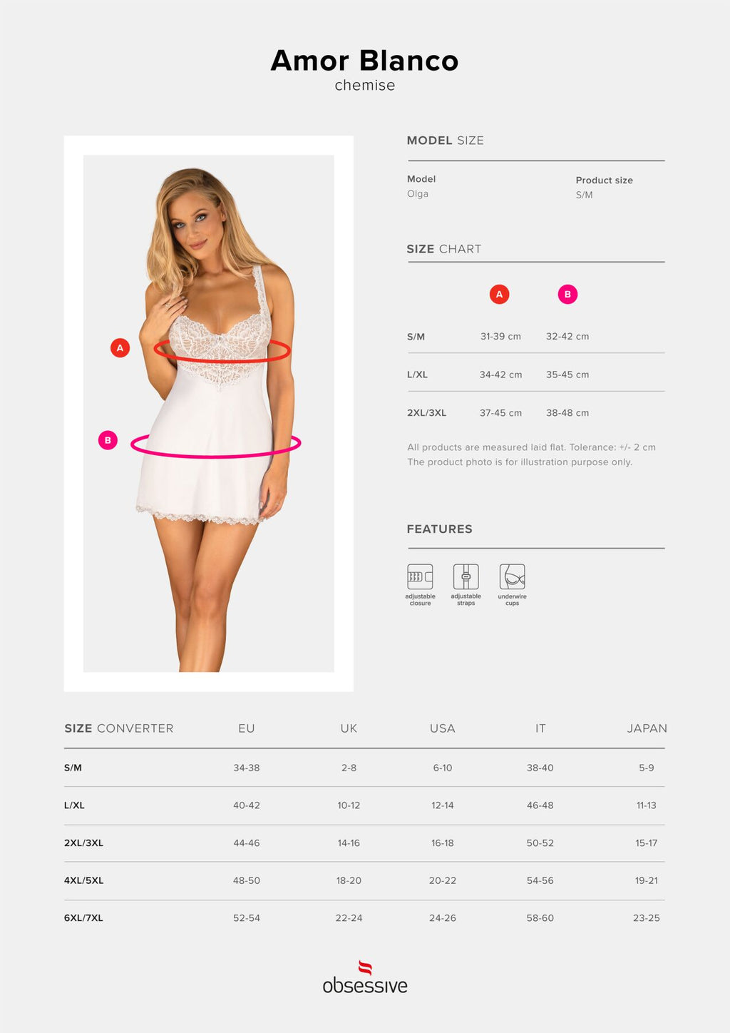 Obsessive (Польща) Сорочка Obsessive Amor Blanco underwire chemise & thong,L/XL, біла, мереживний ліф, стрінги в наборі