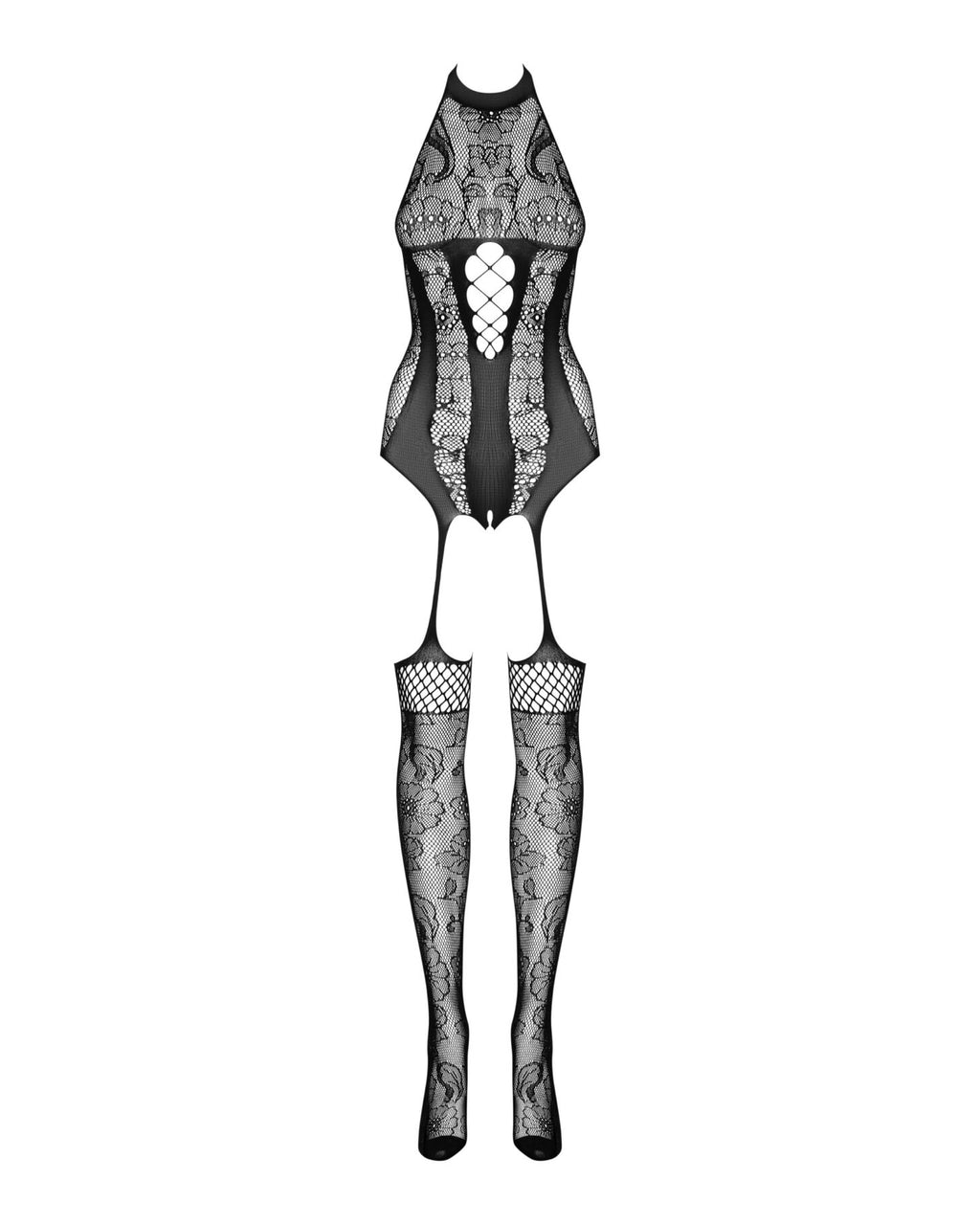 Obsessive (Польща) Бодістокінг Obsessive Bodystocking F240, XL/XXL, чорний, мереживний малюнок, імітація боді з панчохами