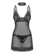 Сорочка Obsessive Donarella chemise & thong, XL/2XL, мереживний ліф, чокер та стрінги в комплекті