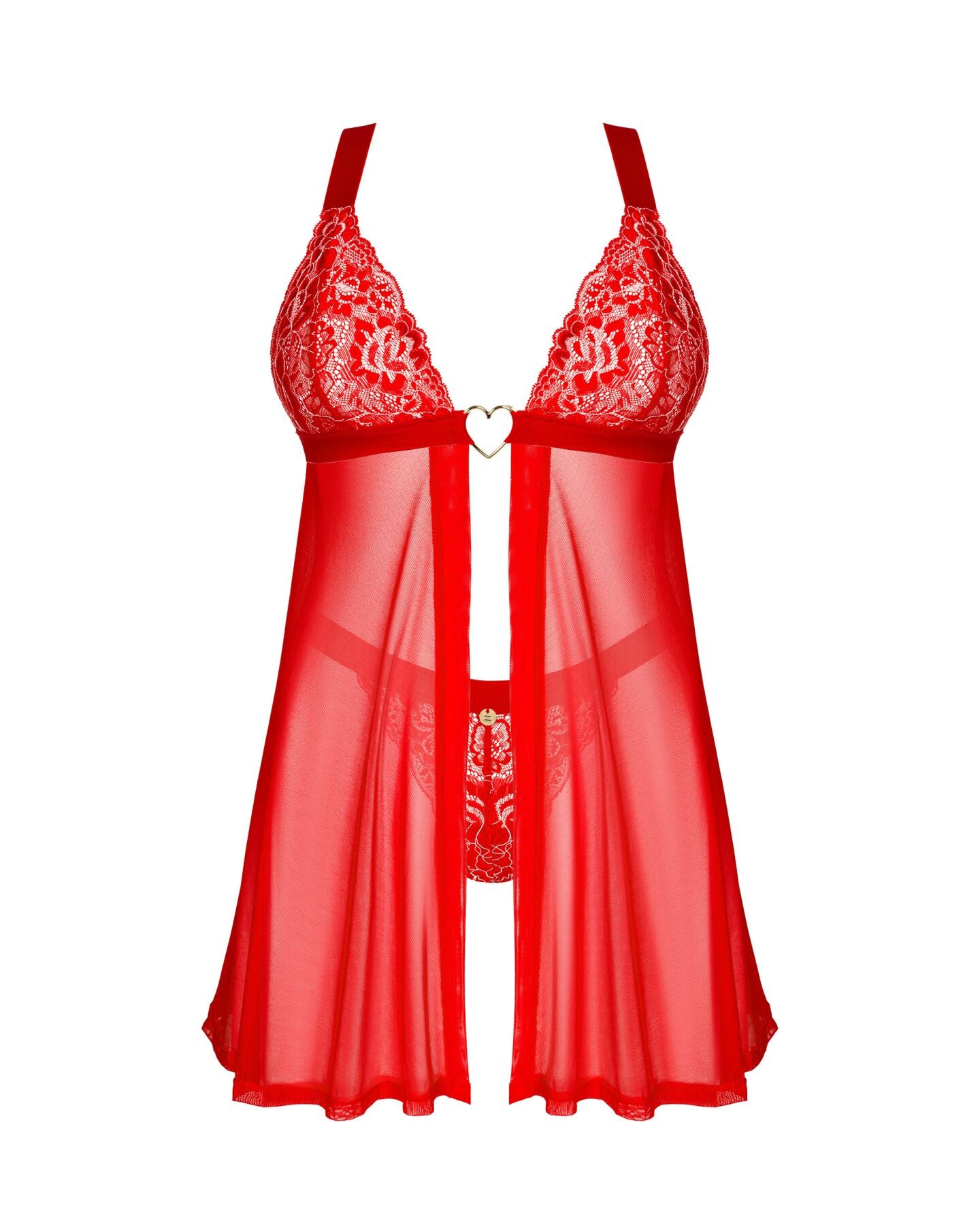 Obsessive (Польща) Бебі-дол Obsessive Elianes babydoll & thong, XS/S, червоний, мереживний ліф, трусики-танга в наборі