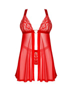 Бебі-дол Obsessive Elianes babydoll & thong, XL/2XL, червоний, мереживний ліф, трусики-танга в наборі