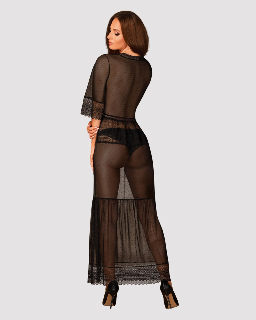 Obsessive (Польща) Пеньюар Obsessive Estiqua peignoir, XL/2XL, чорний, прозорий, на поясі, довжина до щиколоток