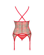 Корсет Obsessive Jollymore corset, у клітинку, з мереживом, пажі для панчіх, стрінги в комплекті