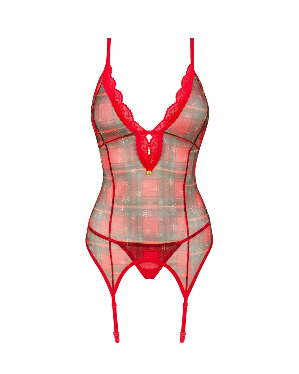 Корсет Obsessive Jollymore corset, M/L, у клітинку, з мереживом, пажі для панчіх