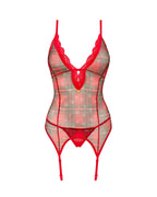 Корсет Obsessive Jollymore corset, M/L, у клітинку, з мереживом, пажі для панчіх