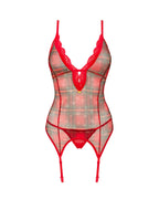 Корсет Obsessive Jollymore corset, XL/2XL, у клітинку, з мереживом, пажі для панчіх, стрінги в комплекті