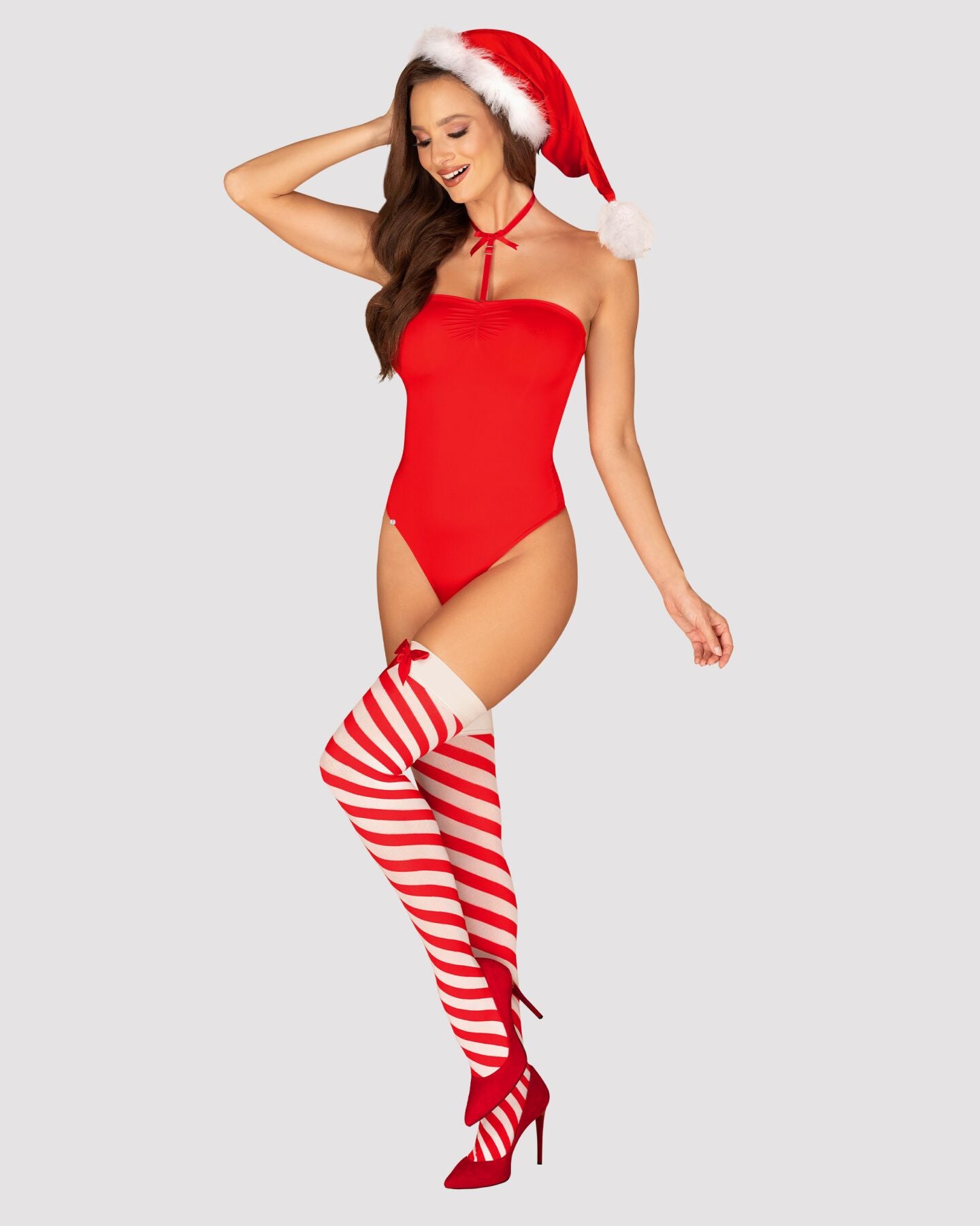 Obsessive (Польща) Тедді Obsessive Kissmas teddy, S/M, червоне, без бретелей, чокер, панчохи та шапка з помпоном у наборі