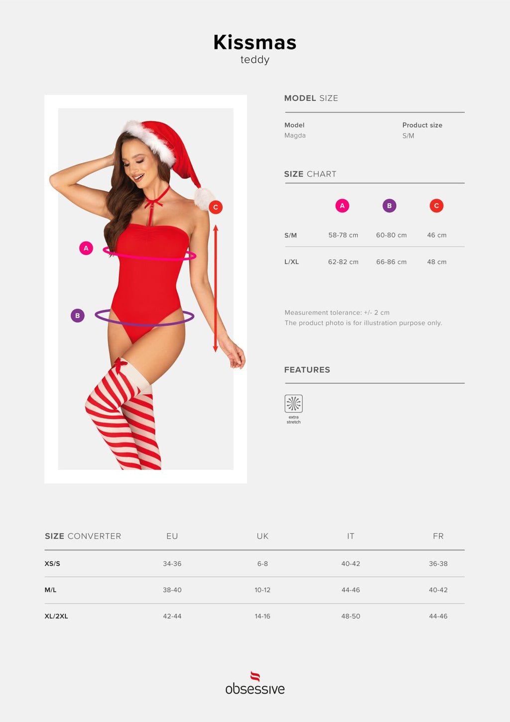 Obsessive (Польща) Тедді Obsessive Kissmas teddy, L/XL, червоне, без бретелей, чокер, панчохи та шапка з помпоном у наборі
