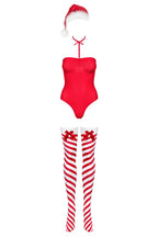 Тедді Obsessive Kissmas teddy, червоне, без бретелей, чокер, панчохи та шапка з помпоном у наборі