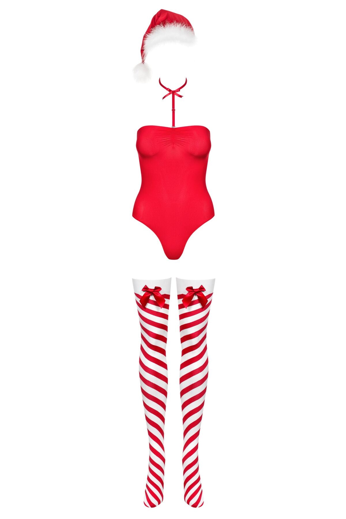 Obsessive (Польща) Тедді Obsessive Kissmas teddy, L/XL, червоне, без бретелей, чокер, панчохи та шапка з помпоном у наборі