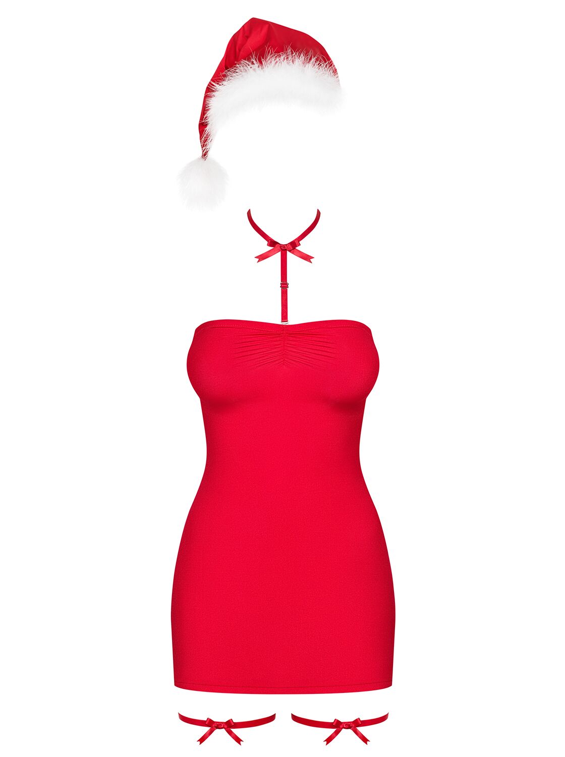Obsessive (Польща) Сорочка Obsessive Kissmas chemise, S/M, червона, чокер, гартери та шапочка з помпоном у комплекті