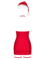 Сорочка Obsessive Kissmas chemise, червона, чокер, гартери та шапочка з помпоном у комплекті