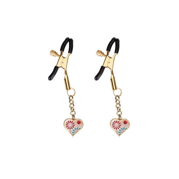 Liebe Seele (Японія) Затискачі для сосків з підвіскою Liebe Seele Nipple Clamps Gold Heart-shaped Flowers on White