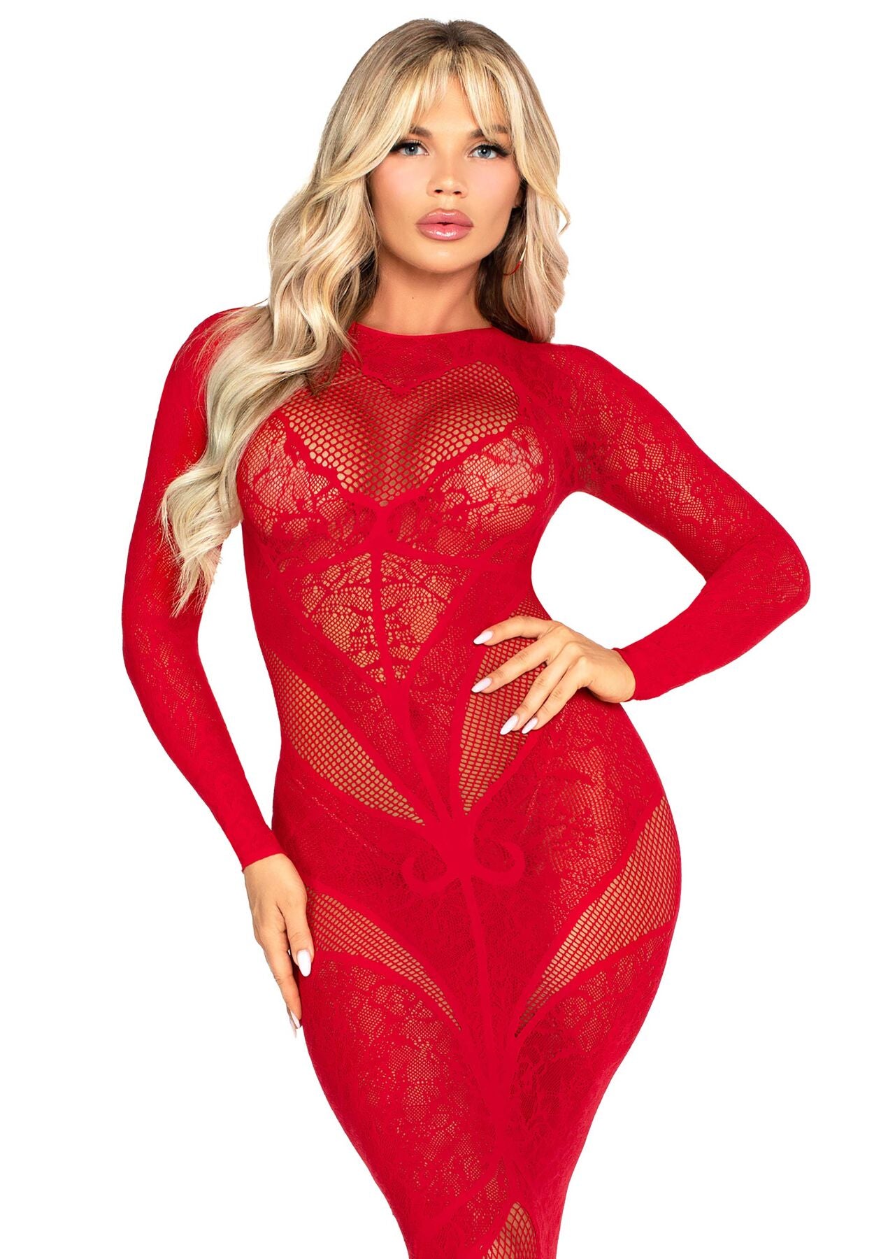 Leg Avenue (США) Сукня з довгим рукавом Leg Avenue Lace and Net Bodycon Gown One Size, Red