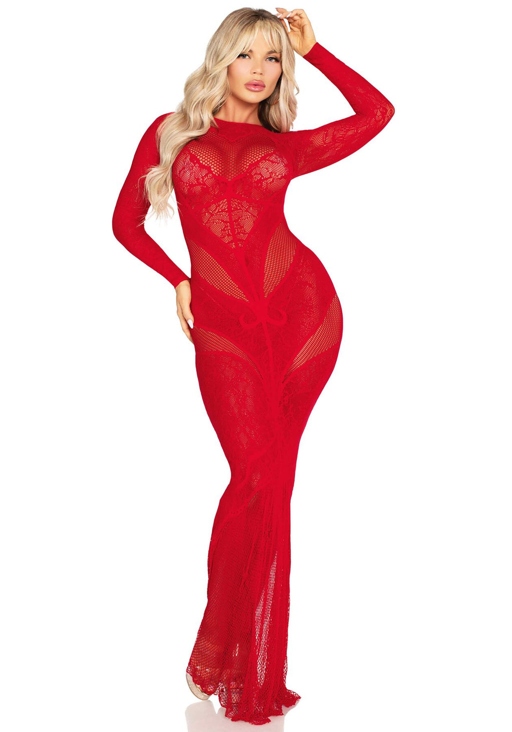 Leg Avenue (США) Сукня з довгим рукавом Leg Avenue Lace and Net Bodycon Gown One Size, Red