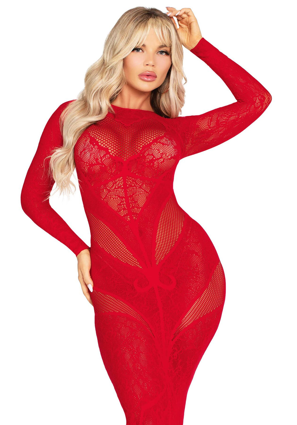 Leg Avenue (США) Сукня з довгим рукавом Leg Avenue Lace and Net Bodycon Gown One Size, Red