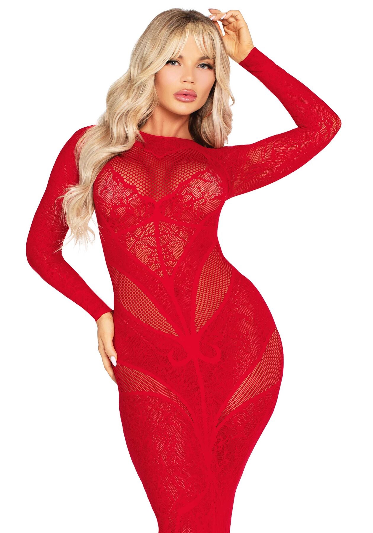 Leg Avenue (США) Сукня з довгим рукавом Leg Avenue Lace and Net Bodycon Gown One Size, Red