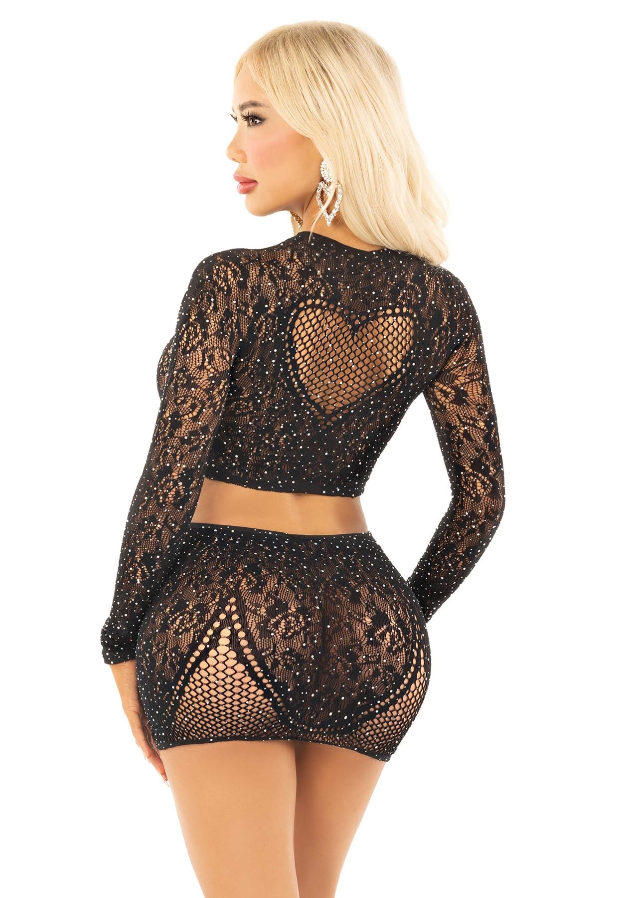 Leg Avenue (США) Блискучий комплект кроп-топ і спідниця Leg Avenue Rhinestone One Size, Black, довгий рукав