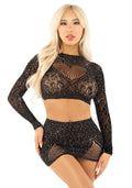 Leg Avenue (США) Блискучий комплект кроп-топ і спідниця Leg Avenue Rhinestone One Size, Black, довгий рукав