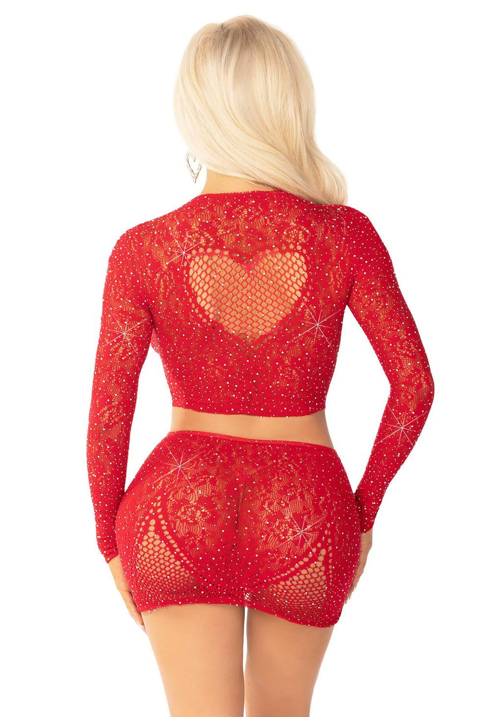 Leg Avenue (США) Блискучий комплект кроп-топ і спідниця Leg Avenue Rhinestone One Size, Red, довгий рукав