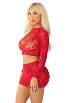 Блискучий комплект кроп-топ і спідниця Leg Avenue Rhinestone One Size, довгий рукав