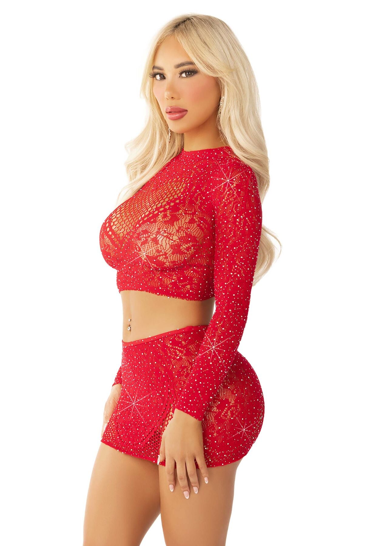Leg Avenue (США) Блискучий комплект кроп-топ і спідниця Leg Avenue Rhinestone One Size, Red, довгий рукав
