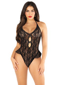 Leg Avenue (США) Боді з відкритою спиною та рюшами на стегнах Leg Avenue Lace Floral Lace Halter Teddy One Size, Black