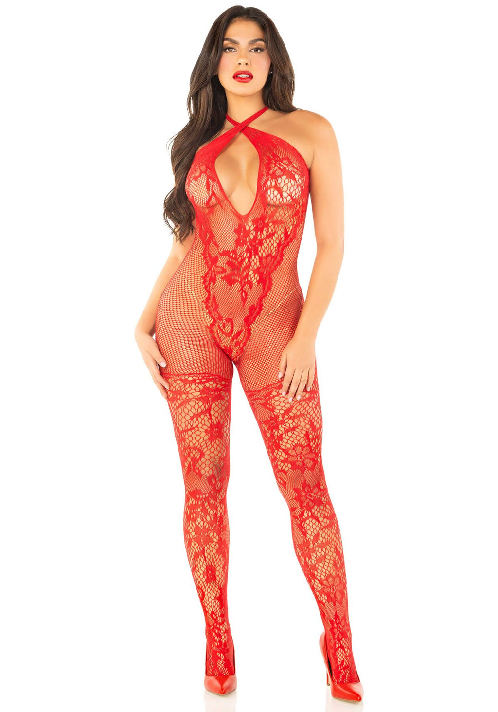Leg Avenue (США) Бодістокінг з глибоким декольте Leg Avenue Seamless Net and Lace Lingerie Jumpsuit One Size, Red