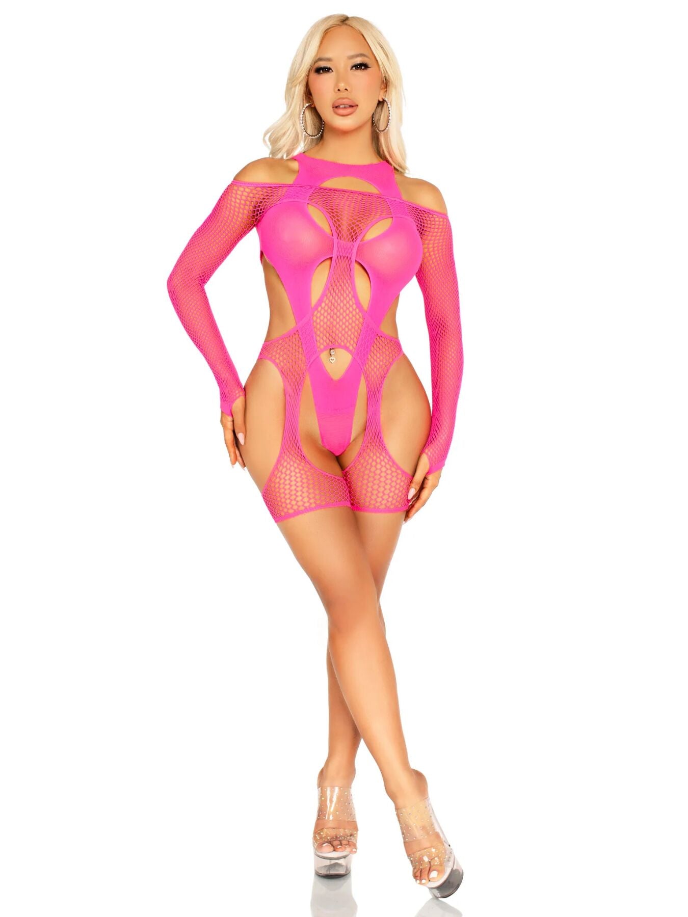 Leg Avenue (США) Бодістокінг Leg Avenue Fishnet Garter Harness and Teddy One Size Neon Pink