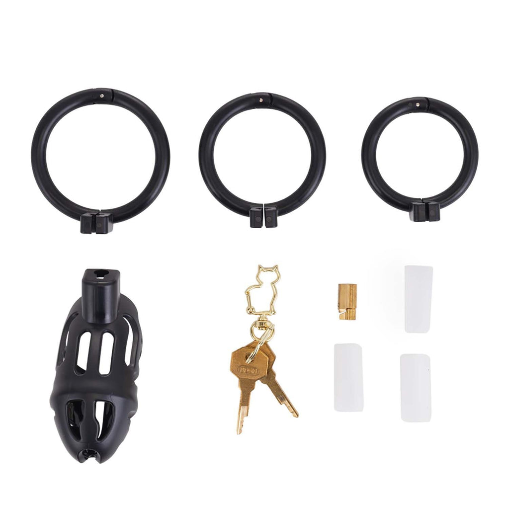 LOCKINK (Китай) Клітка для пеніса LOCKINK SEVANDA Plastic Penis Chastity Cage, чорна, 3 кільця різних розмірів