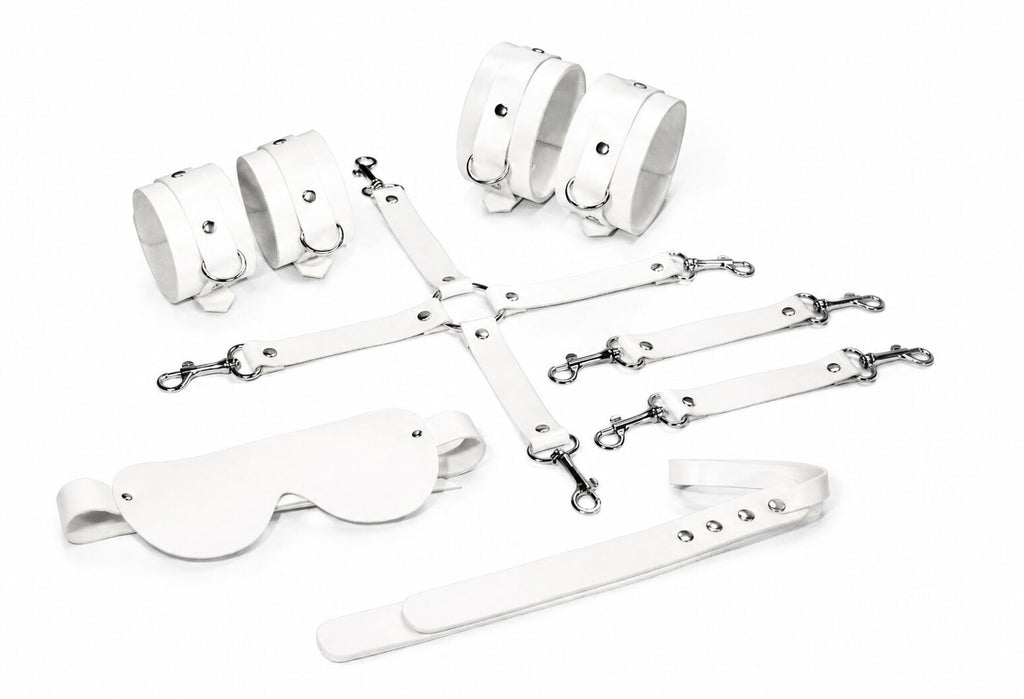 Feral Feelings (Україна) Набір Feral Feelings BDSM Kit 5 White, наручники, поножі, хрестовина, маска, падл