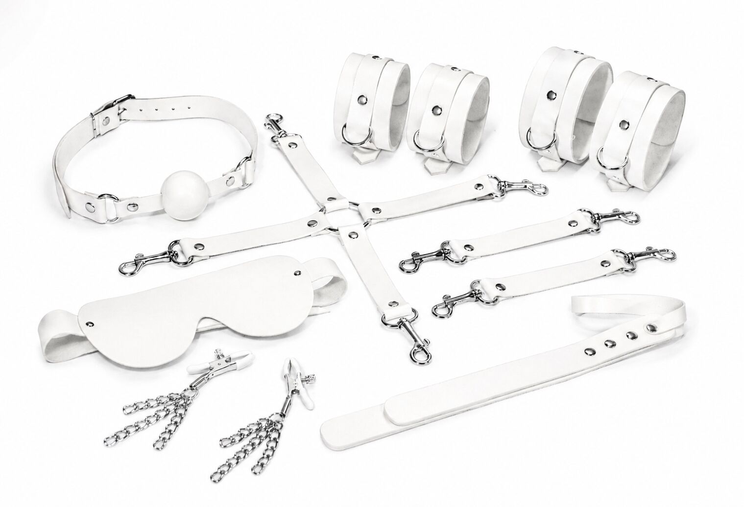Feral Feelings (Україна) Набір Feral Feelings BDSM Kit 7 White, наручники, поножі, конектор, маска, падл, кляп, затискачі