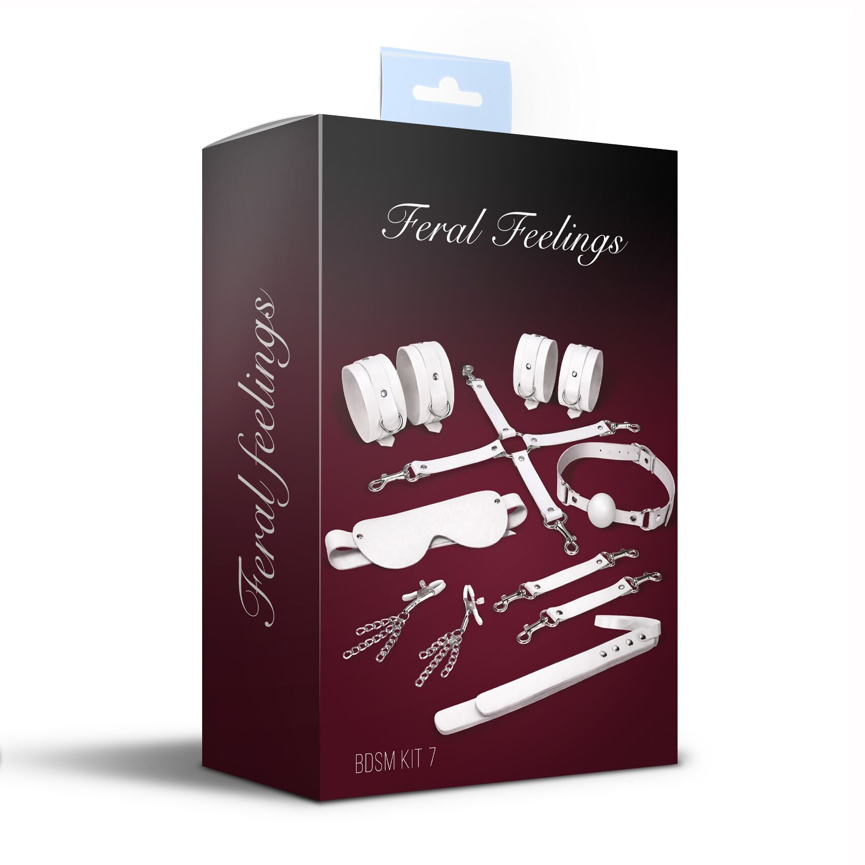 Feral Feelings (Україна) Набір Feral Feelings BDSM Kit 7 White, наручники, поножі, конектор, маска, падл, кляп, затискачі